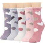 Fuzzy Slipper Socks Women with Grips Valentines Day Gift Plush Fluffy Heart Shaped Cozy Socks Girls Grippers Non Slip Indoor Soft Footies 5 Pairs