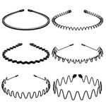 Metal Headband Hair Hoop, 6 Pcs Black Spiral Wavy Headbands Beauty Care Fashion Hair Band for Men Women Non-Slip Headband Accessories Sports Outdoors for Boy Girls