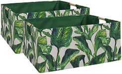 FUULOXE 2-Pack Storage Bin for Shelves Rectangle Closet Baskets Foldable Toy Box with Wooden Handles and Sturdy Cardboard for Nursery Home Office Car Dormroom(Green leaf)