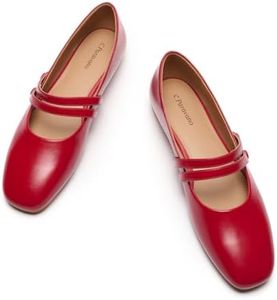 C.Paravano Women Mary Jane Flats Genuine Leather Square Toe Shoes Red