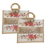 Sangra Multicolor Jute Bags with Transparent Window for jute bag for Return Gifts| Jute Bags for Wedding| Jute Bag for Shopping| Lunch Bag for Men and Women Floral - (Pack Of Two)