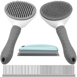 Cat Brush,Self-Cleaning Slicker Brush for Dogs & Cats, 4 in 1Pets Grooming Comb Kit, Removes Loose Hair and Tangles, Promotes Circulation | Include Fine & Coarse Needles Comb, Steel comb, Pet Hair Remover Brush