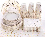 201PCS Disposable Paper Plates Gold Party Supplies, Golden Polka Dots Birthday and Baptism Decorations, Include Plates and Cups, Napkins, Plastic Tablecloth, for Baby Shower Wedding (Gold)