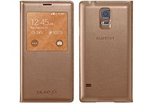 SkyTree Double Window PU Leather Flip Cover with Hardshell Kickstand Case for Samsung Galaxy S5, Gold