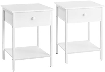 VASAGLE Mesitas de Noche, Juego de 2, Mesas Auxiliares con Cajón y Estante, 40 x 40 x 55 cm, para Dormitorio, Salón, Fácil de Montar, Marco de Acero, Diseño Moderno, Blanco Mate LET506W14