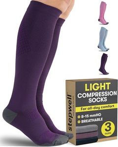 STEPWELL Light Compression Socks for Women & Men - 3 Pairs | Pink, Purple, Light Blue | Soft Breathable 8-15 mmHg Compression Socks for Women Flying, Exercise, Comfort and Support-3P
