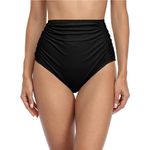 Charmo Ruched Bikini Bottoms for Women Tummy Control High Waist Bottom Quick Drying Swim Brief Panty Black S