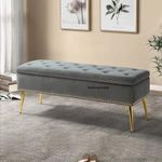 FESTIVAL BAZAR Upholstered Flip Top Storage Bench for Living Room| Storage Bench in Golden Steel Legs (Grey)