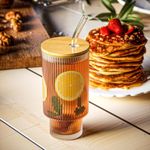 SKDBPM Ribbed Glass Coffee Sipper With Wooden Lid And Straw Pack Of 1,Multipurpose Drinking Tumbler For Juice Soda Smoothies Cocktail Home&Travel Mugs (1),?400 ML