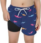 Century Star Boys Swim Trunks with Compression Liner Quick Dry Kids Boys Board Shorts Beach Waterproof Surfing Bathing Suit Blue Shark 6-7 Years