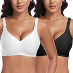 Cavotor Women Seamless Bra Non Wired Push Up Support Bras for Saggy Breasts Wireless T Shirt Soft Comfort Ladies V Neck Padded Bralettes with Extender (Black+White,XL)