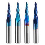 Genmitsu 4pcs 2-Flute Tapered Ball Nose Spiral End Mill, Nano Blue Coating Tungsten Carbide CNC Router Bits, 2D and 3D Engraving Carving Woodworking Bits, R0.25-1.0, 1/4'' Shank, TB04B