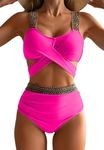 MAIABLEAU Women's Bikini Set 2 Piece Sequin Strappy Full Coverage Swimsuit Tummy Control Swimwear Rose 2XL