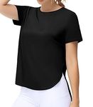 THE GYM PEOPLE Women's Workout T-Shirts Loose Fit Short Sleeve Cotton Running Basic Tee Tops with Split Hem Black