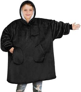 PAVILIA Wearable Blanket Sweatshirt for Kids Boy Girl, Warm Cozy Giant Hoodie with Two Pockets and Long Sleeves, Fleece Sherpa Oversized Hooded Blanket Pullover Gift for Teens Youths, Black