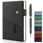 A5 Leather Journal Notebook with Pen, 200 Pages Hardcover Journal with Pocket, 100gsm Thick Lined Paper Daily Diary for Men and Women, Great Gift for Business School Travel Personal - Black