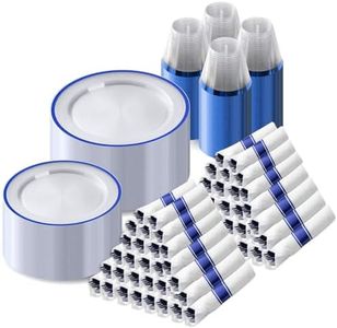 Goodluck 700 Pcs 4th of July Plastic Plates, Dark Blue Plastic Dinnerware Set, Clear Disposable Plates for 100 Guests, Include 200 Plastic Plates, 100 Pre Rolled Napkins with Cutlery Set, 100 Cups