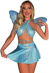 Rave Outfits for Women Festival Clothing Shiny Metallic Bra Swing Mini Skater Skirt Dance Sexy Lingerie Set Adult Fairy Wings Fairytale Costume Halloween Cowgirl Cosplay Blue Small