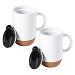 Gibson Home Modani 2 Pack Large 16.5 OZ Ceramic Mugs Set with Removable Cork Bottom and Lid - White