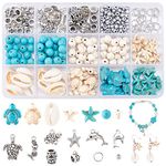 PH PandaHall 292pcs Ocean Jewellery Making Kit, Summer Beach Beads Charms with Turtle Mermaid Dolphin Starfish Alloy Sea Pendants for Gift Necklace Anklet Craft Jewellery Making