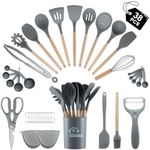 38 Pieces Kitchen Utensils Set, BEWOS Silicone Cooking Utensils Set with Spatula, Utensil Holder and Measuring Spoons, Nonstick Heat Resistant, Grey Kitchen Gadgets, Wooden Handle