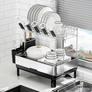 SanDream 2 Tier Dish Drying Rack, 304 Stainless Steel Dish Rack for Kitchen Counter, Large Dish Drainer with 360°Rotatable Drain Spout & Utensil Holder & Cups Holder, Dish Rack with Draining Tray