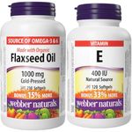 Webber Naturals Flaxseed Oil 1000 mg, 210 Softgels, Plant Source Omega-3, For Heart, Brain and Cardiovascular Health & Vitamin E 400 IU, 120 Softgels, Natural Source of Vitamin E, Antioxidant Support