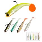 JXCTNNU Soft Plastic Lures 5Pcs Surf Fishing Striped Bass Lures Easy Catching Lures Rubber Fishing Bait Hard Bass Trout Bait with Jig Head and T Tail for Saltwater Freshwater Fishing (6.5CM)