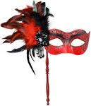 MYSEUNI 2024 New Red Masquerade Mask for Women with Holding Stick - Shiny Women's Feather Red Mardi Gras Mask for Halloween Parties, Carnival, Cosplay Prom, Christmas, Wedding, Bar, Costume Accessory