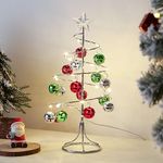 Lewondr Christmas Table Lamp, USB/Battery Powered Spiral Christmas Tree Desk Lamp with Star Topper, Decorative Christmas Tree Light with Red/Green Hanging Bells for Home Bedroom Xmas Party, Red/Green