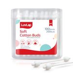 LuvLap Baby Comfy Safety Tip Cotton Buds with Ear Cleaning Protection, Unbleached Cotton, 100 Sticks,200 Buds White