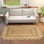 GRUHUM Scalloped Jute Area Rug 4x6ft Rectangle Natural Base Off White Trim Handwoven Reversible Soft Braided Farmhouse Indoor EcoFriendly Living Room Bedroom Kitchen Hallways Enterways