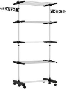 HOMCOM 4-Tier Clothes Drying Rack, Stainless Steel Laundry Rack with 2 Side Wings and 6 Castors, Collapsible Adjustable Clothes Airer for Indoor Outdoor, Black