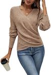 SOLY HUX Women's V Neck Long Sleeve Off Shoulder Sweaters Criss Cross Wrap Ruched Pullover Fall Tops Pure Camel Small