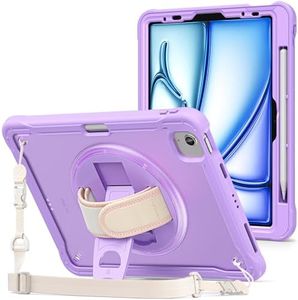 ProCase Rugged Case for iPad Air 11 inch (M2) 2024/ Air 5th / 4th Gen 10.9" & iPad Pro 11 inch 4th/3rd/2nd/1st Gen, Heavy Duty Shockproof Cover with Hand Strap 360 Degree Rotatable Kickstand -Purple