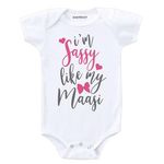 KNITROOT Maasi Family Special Onesies, Unisex Baby Kids Cotton Lycra Envelope Neck Half Sleeve White Romper, Bodysuit, Sleepsuit, Sassy Like My Maasi, 3-6 Months, Infant Cloths for Boys & Girls