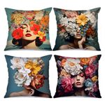 Sexy Women Art Decor Fashion Girl with Flowers Throw Pillow Cover Elegant Lady Pillow Covers 4 Set Female With Rose Flowers Pillow Cases Cushion Cover Couch Sofa Office Home Decor Gift(18 x18 Inch)