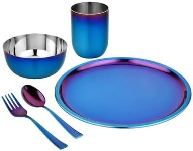 Ahimsa Stainless Steel Kids Dishes, Pediatrician Designed Complete 5 Piece Kids Plates and Bowls Set, Non Toxic & Unbreakable Stainless Steel Plate, Cup and Kid Utensils, Iridescent Blue