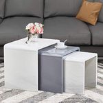 GOLDFAN Nest of 3 tables Modern High Gloss Coffee Table Set Living Room Bedside Tables,Multi-functional Side Table, White & Grey