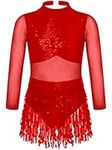 iiniim Kids Girls Sequins Tassel Latin Dance Costume Sleeveless Crisscross Crop Top with Shorts Jazz Samba Rumba Dancewear Red 9-10 Years