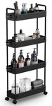 SOLEJAZZ 4-Tier Storage Trolley Cart Slide-out Slim Rolling Utility Cart Mobile Storage Shelving Organizer for Kitchen, Bathroom, Laundry Room, Bedroom, Narrow Places, Plastic, Black