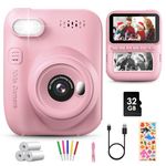 GREENKINDER Kids Camera Instant Print, 3.0'' Large Screen Instant Camera for Kids, 1080P Kids Digital Camera with 32GB Card & 3 Rolls Print Paper, Gift Toy Selfie Kids Camera for Girls Age 3-12, Pink