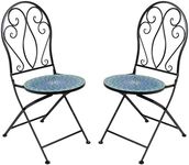 Sunnydaze Mosaic Tile Folding Bistro Chairs with Iron Frame - Set of 2 - Compact Folding Design - Black Frame with Scroll Back