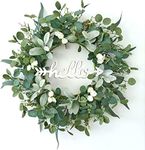 TOKCARE 22 Inch Eucalyptus Wreath with Hello Sign, Spring Summer Wreaths for Front Door Green Winter Wreaths for Front Door Windows,Porch,Fireplace,Indoors and Outdoor Home Decoration