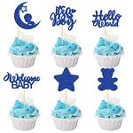 Gyufise 24Pcs Baby Shower Boy Cupcake Toppers with Moon Star Bear Light Blue Glitter It's a Boy Welcome Baby Hello World Baby Boy Cupcake Picks Baby Shower Kids Boys Birthday Party Supplies