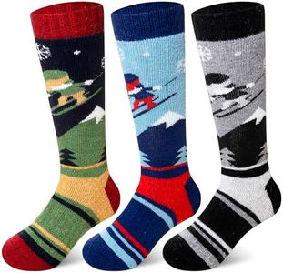 SeeyAN Kids Ski Socks Merino Wool Thermal Winter Socks Boys Girls Warm SnowBoarding Thick Skiing Socks 3 Pairs, Black/Blue/Green, 8-12 Years