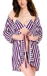 Xs and Os Women's Satin Striped Above Knee Casual Style Lingerie Set (St_Bp_Robe_Chk_X1_Nsv_Purple & White),Free Size