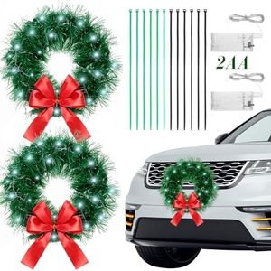 Yuxung 2 Pieces 13 Inch Car Christmas Wreath with 20 Small White Light Christmas Car Decoration with Red Bow Christmas Wreath for Car with Battery Case for Car, Suv Winter Christmas Decorations