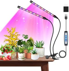 Garpsen Grow Lights for Indoor Plants, Grow Light with Red Blue Full Spectrum, 2 Heads Clip 40 LEDs Plant Light for Indoor Plants, 3 Switch Modes & Auto ON/Off, 6 12 16H Timer, 5 Dimmable Levels