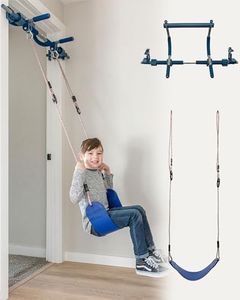 Gym1 2-Piece Doorway Gym for Kids, Includes Door Sensory Swing, Indoor Pull-Up Bar for Adults, Rings, Hanging Trapeze, Ladder & Knotted Rope, Holds Up to 300 Lbs - Blue